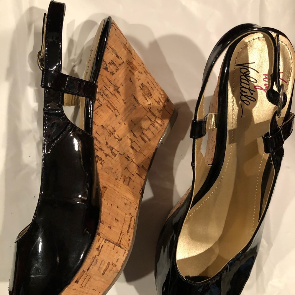 Black patent leather peep toe wedge cork shoes